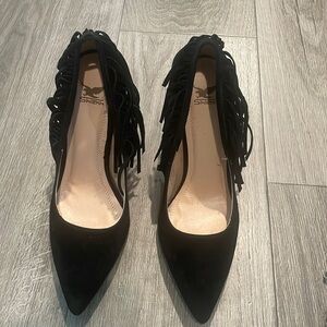 Shlekh Fringe suede Black 5"High Stiletto Heel  Pointy Toe  Shoes WOMEN Size 8
